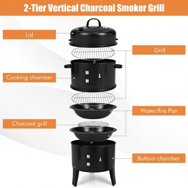 3-in-1 Charcoal BBQ Grill Combo with Built-in Thermometer