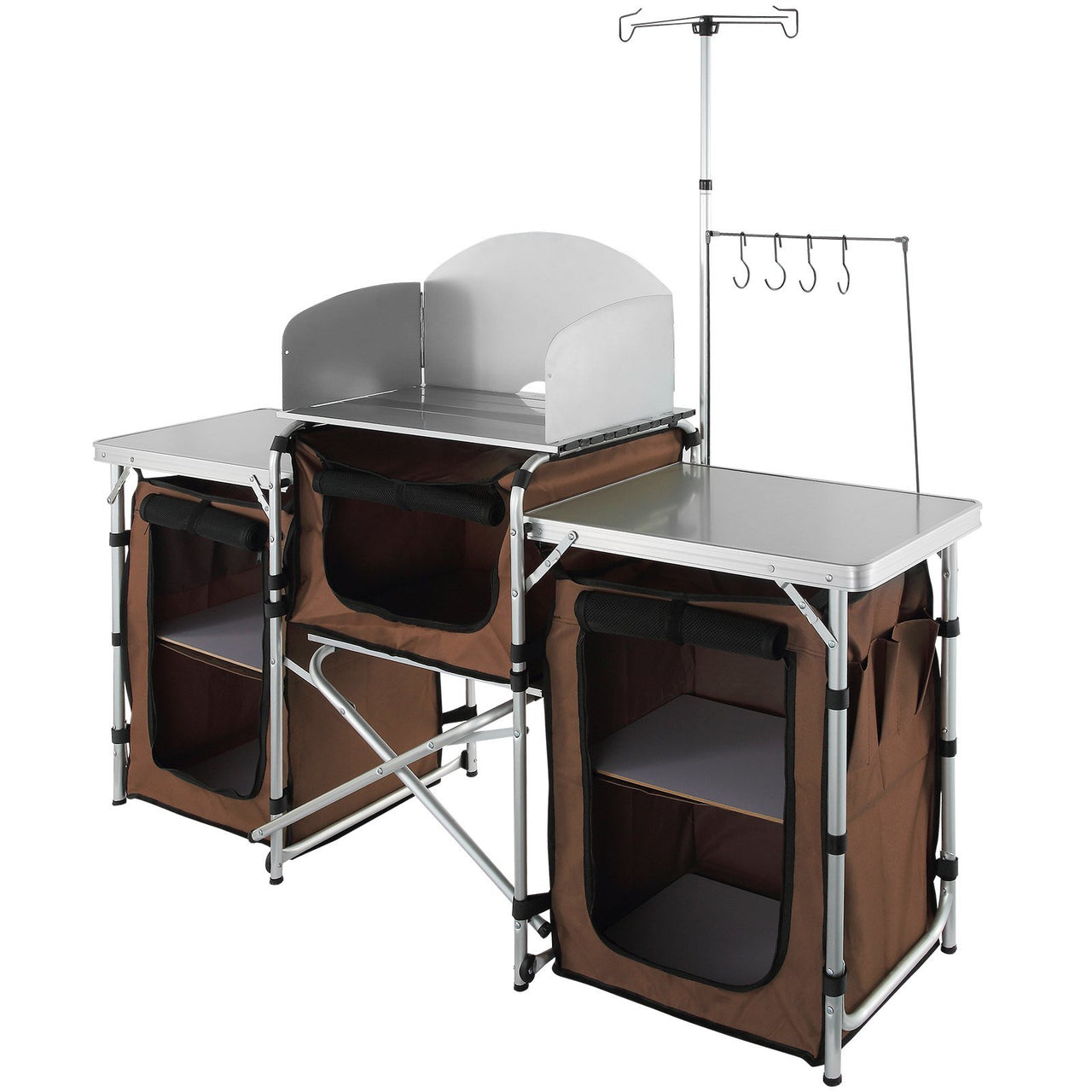 VEVOR Camping Kitchen Table with Storage Carrying Bag-Aluminum Cook Station-3 Cupboard, Detachable Windscreen-Brown