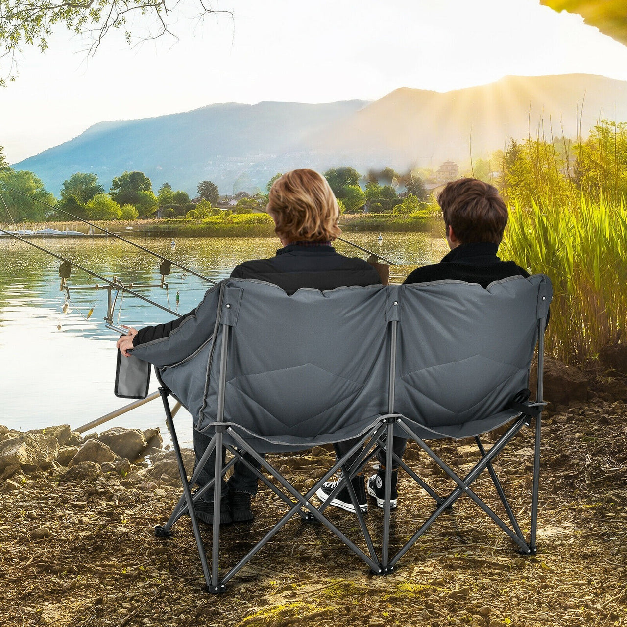 Folding Loveseat Camping Chair with Bags and Padded Backrest