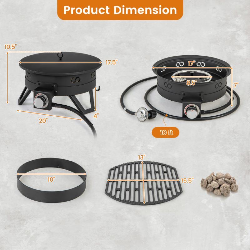 Portable Gas Fire Pit with Removable Grill