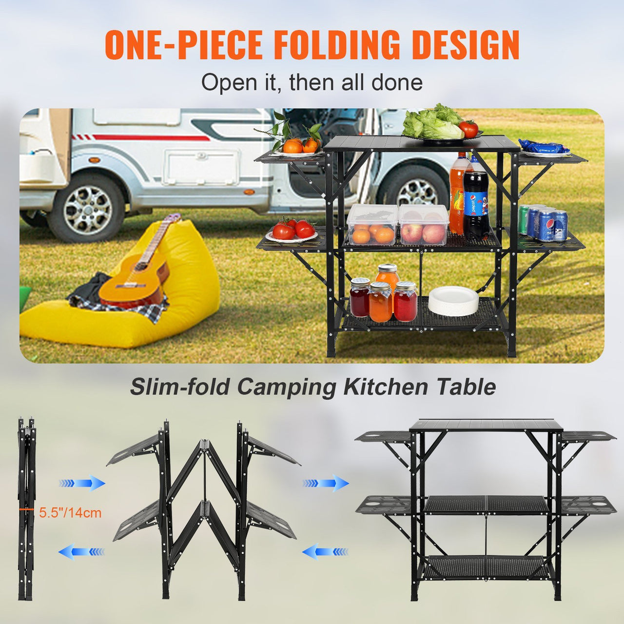 VEVOR Camping Kitchen Table, One-piece Folding Portable Cook Station w/ Carrying Bag