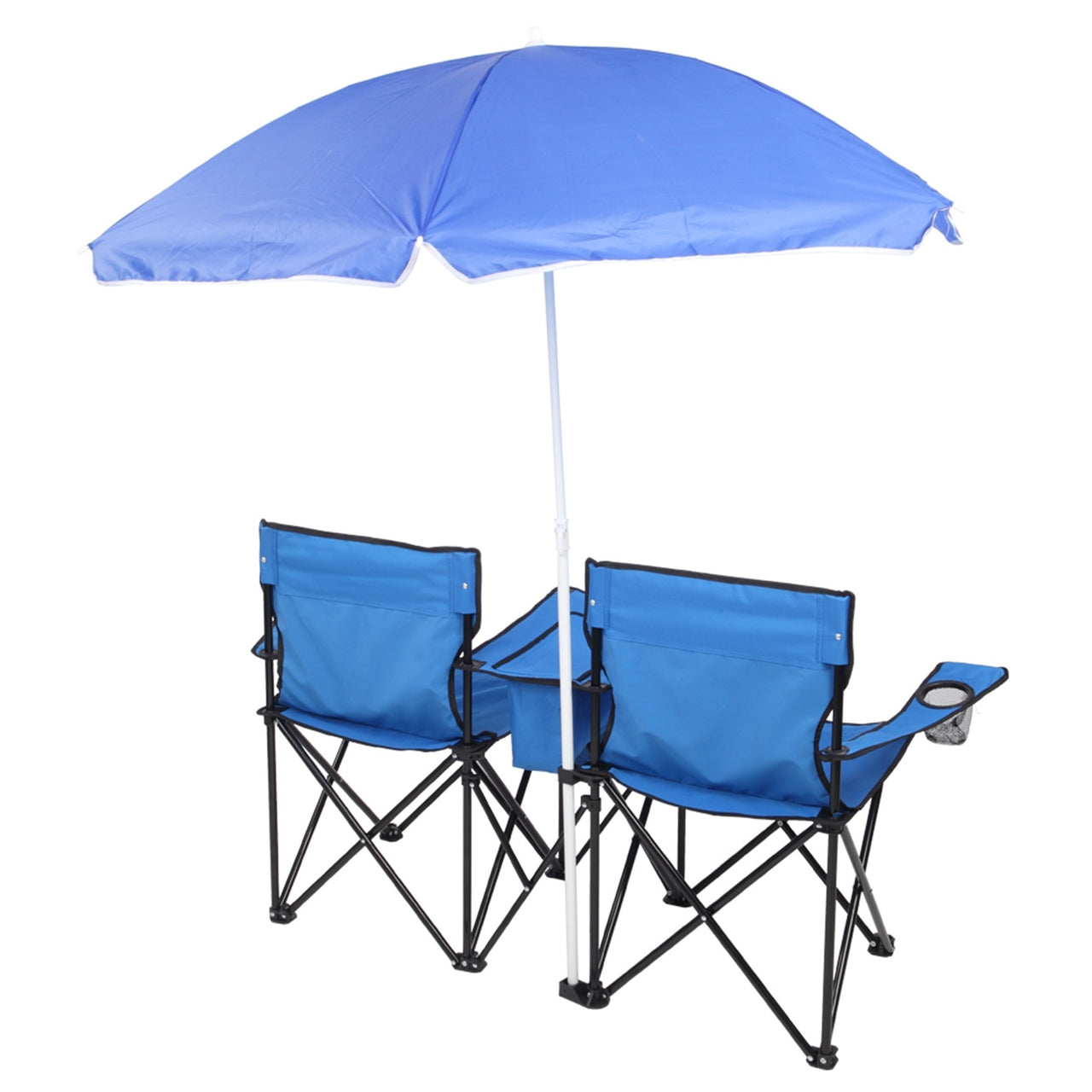 Double Folding Picnic Chairs w/Umbrella, Mini Table Beverage Holder, Carrying Bag