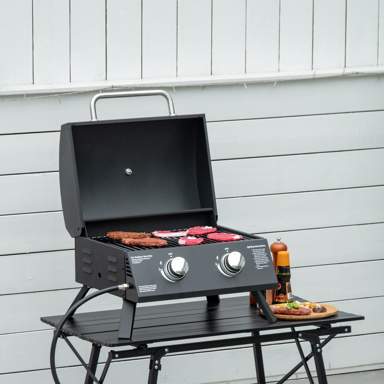 Outsunny 2 Burner Propane Gas Grill , Portable Tabletop BBQ with Foldable Legs, Lid, Thermometer