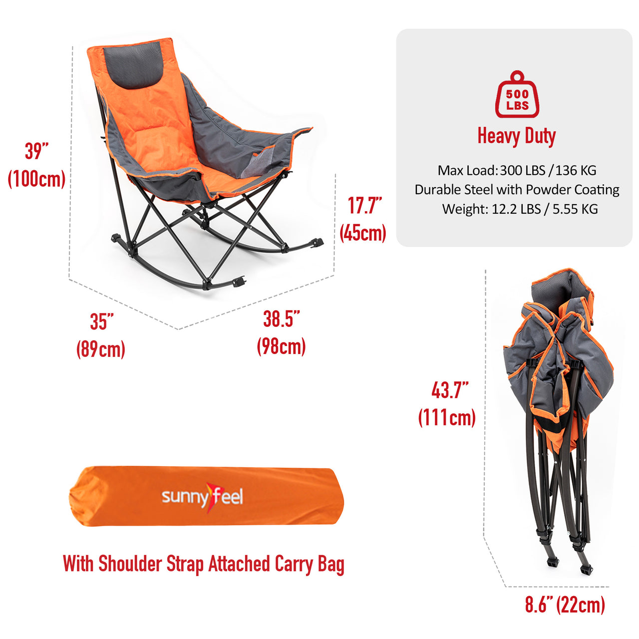 Sunnyfeel Oversized Camping Rocking Chair for Adults, Luxury Padded Recliner