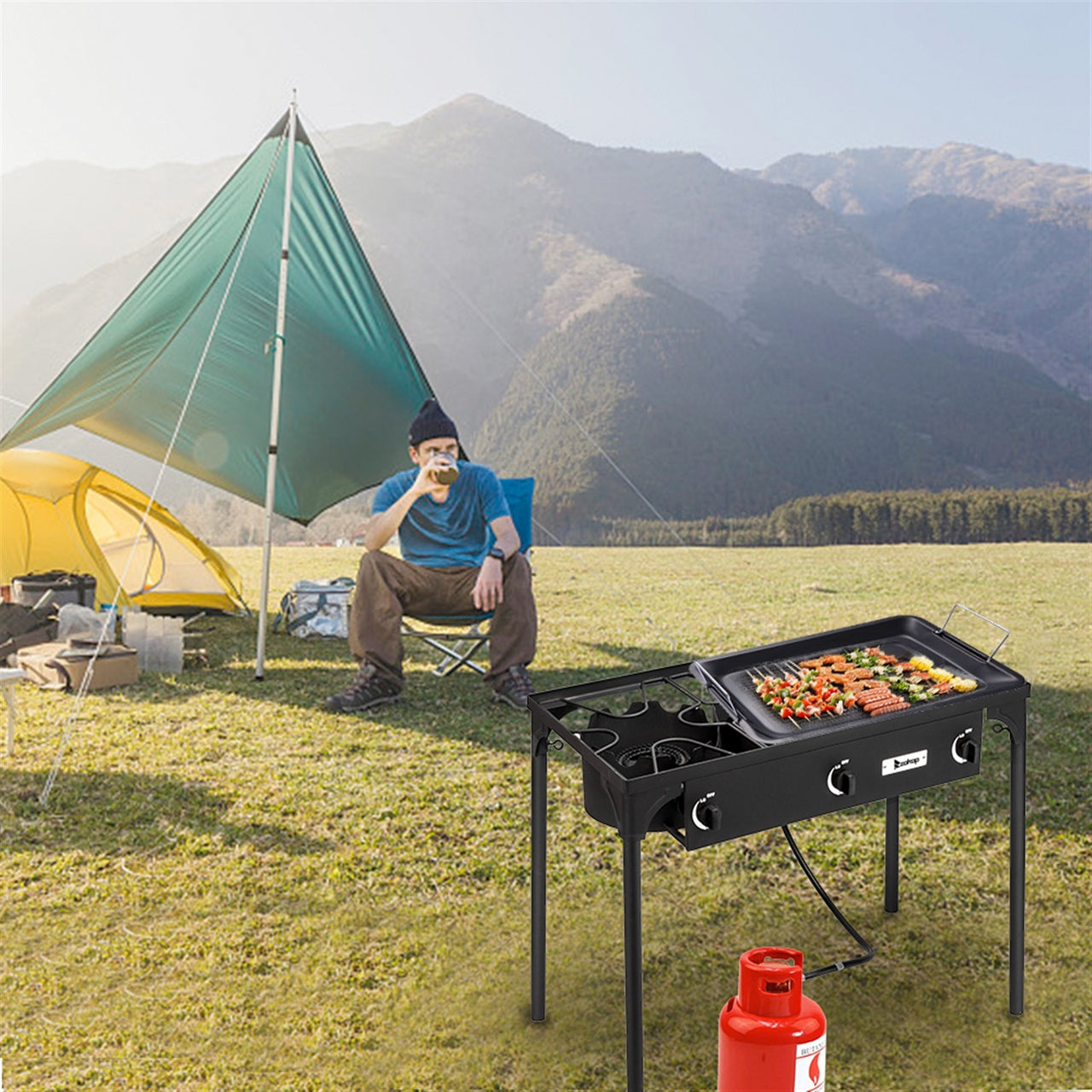 Camp Stove Propane Gas Cooker Portable Cast Iron (Three Burner 25000-BTU)