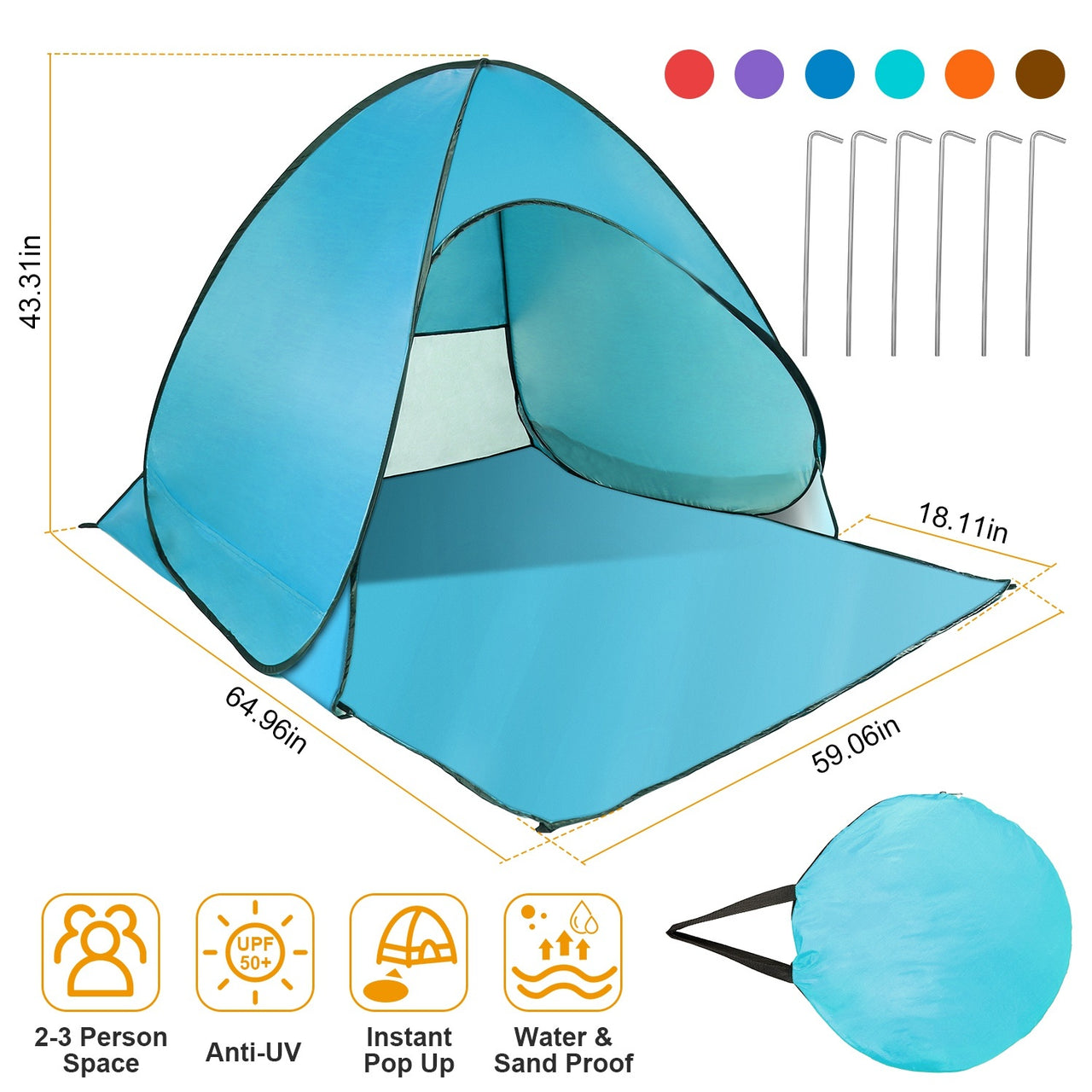 Pop Up Beach Tent Sun Shade Shelter Anti-UV Automatic Waterproof  w/ Net Window Storage Bag