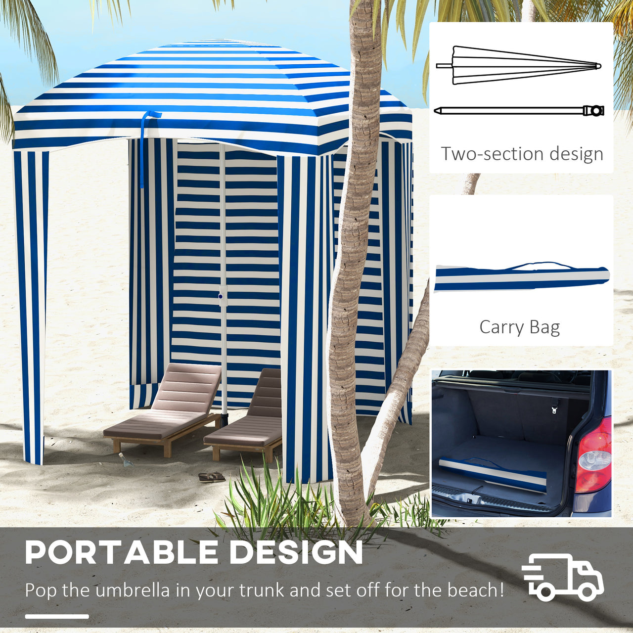 Outsunny 5.9' x 5.9' Ruffled Portable Beach Cabana with Walls, Vents, Sandbags, Carry Bag, Blue & White Stripe