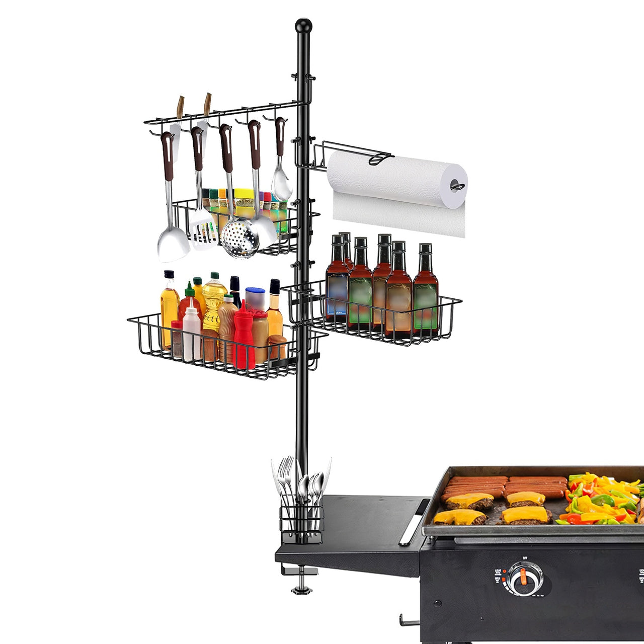 Griddle Caddy With Paper Towel Holder, Hook Baskets, Accessories