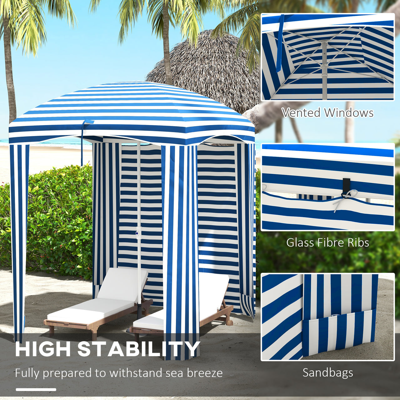 Outsunny 5.9' x 5.9' Ruffled Portable Beach Cabana with Walls, Vents, Sandbags, Carry Bag, Blue & White Stripe