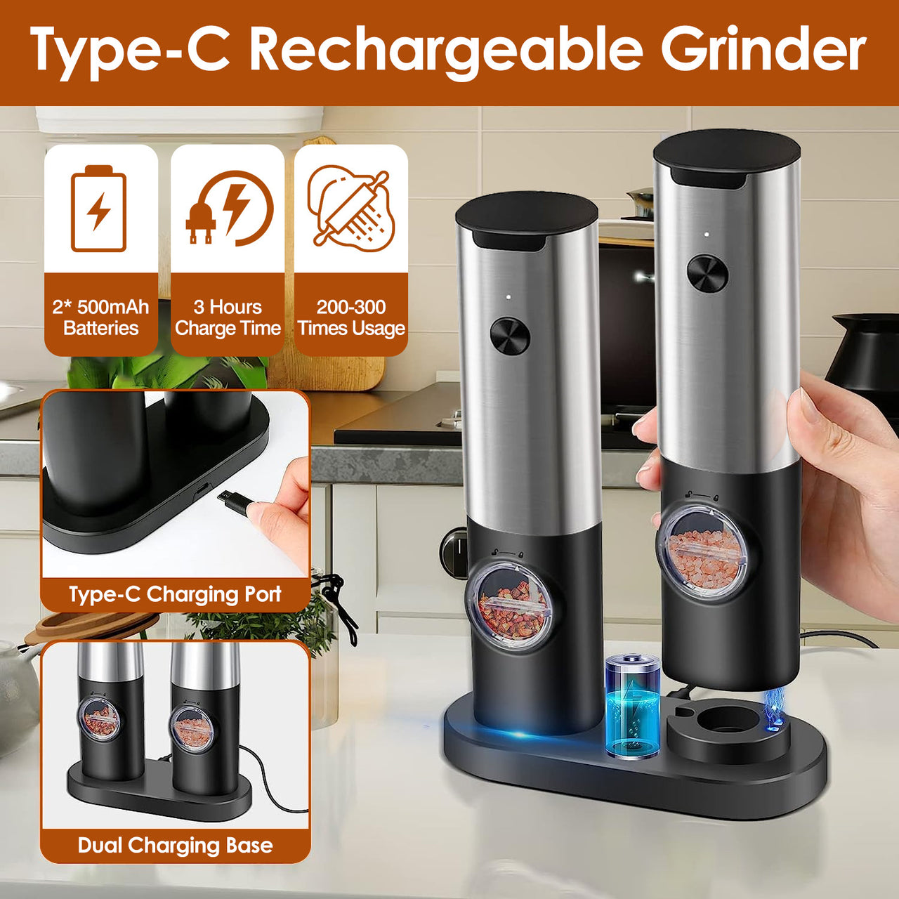 Electric Salt and Pepper Grinder Rechargeable Charging Base