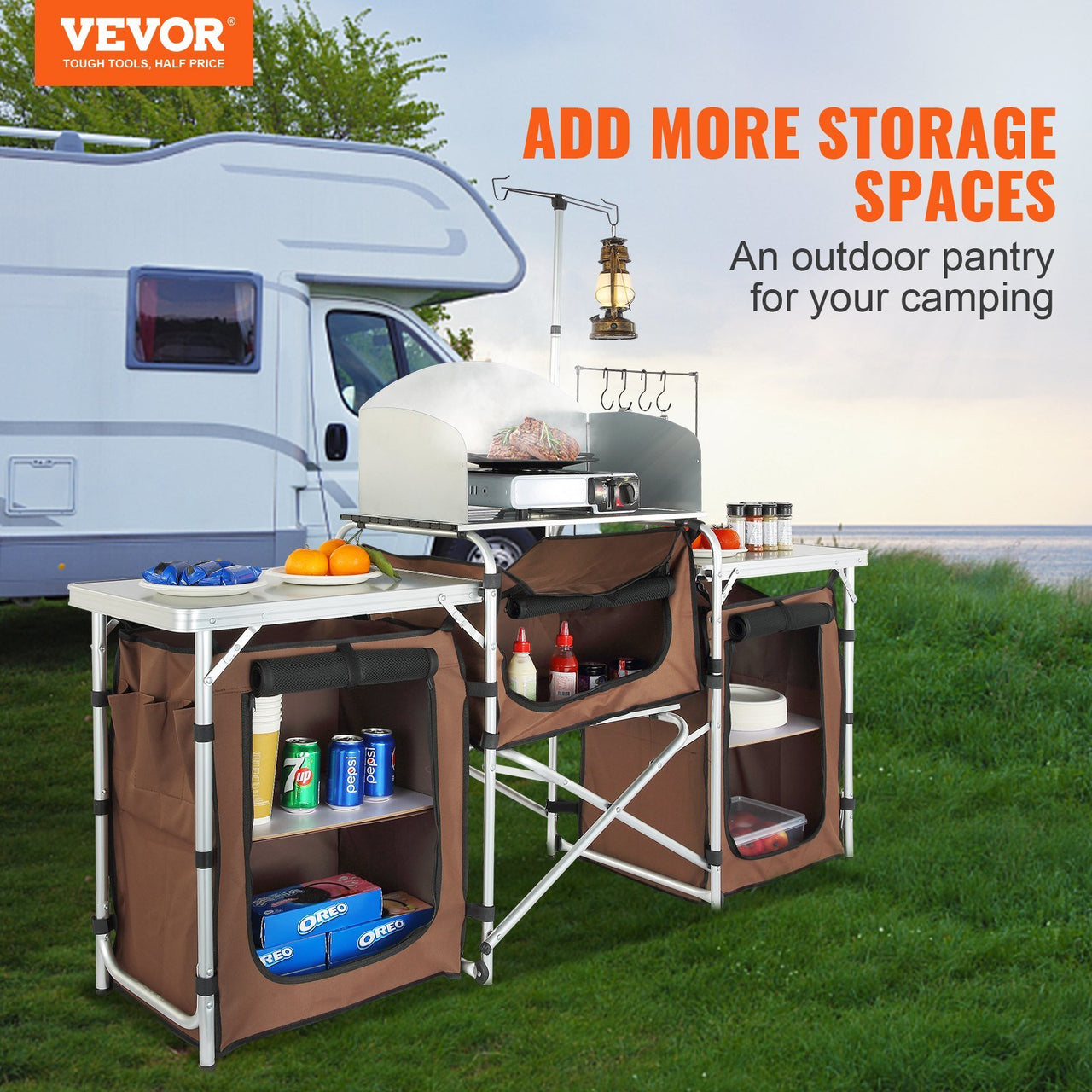 VEVOR Camping Kitchen Table with Storage Carrying Bag-Aluminum Cook Station-3 Cupboard, Detachable Windscreen-Brown