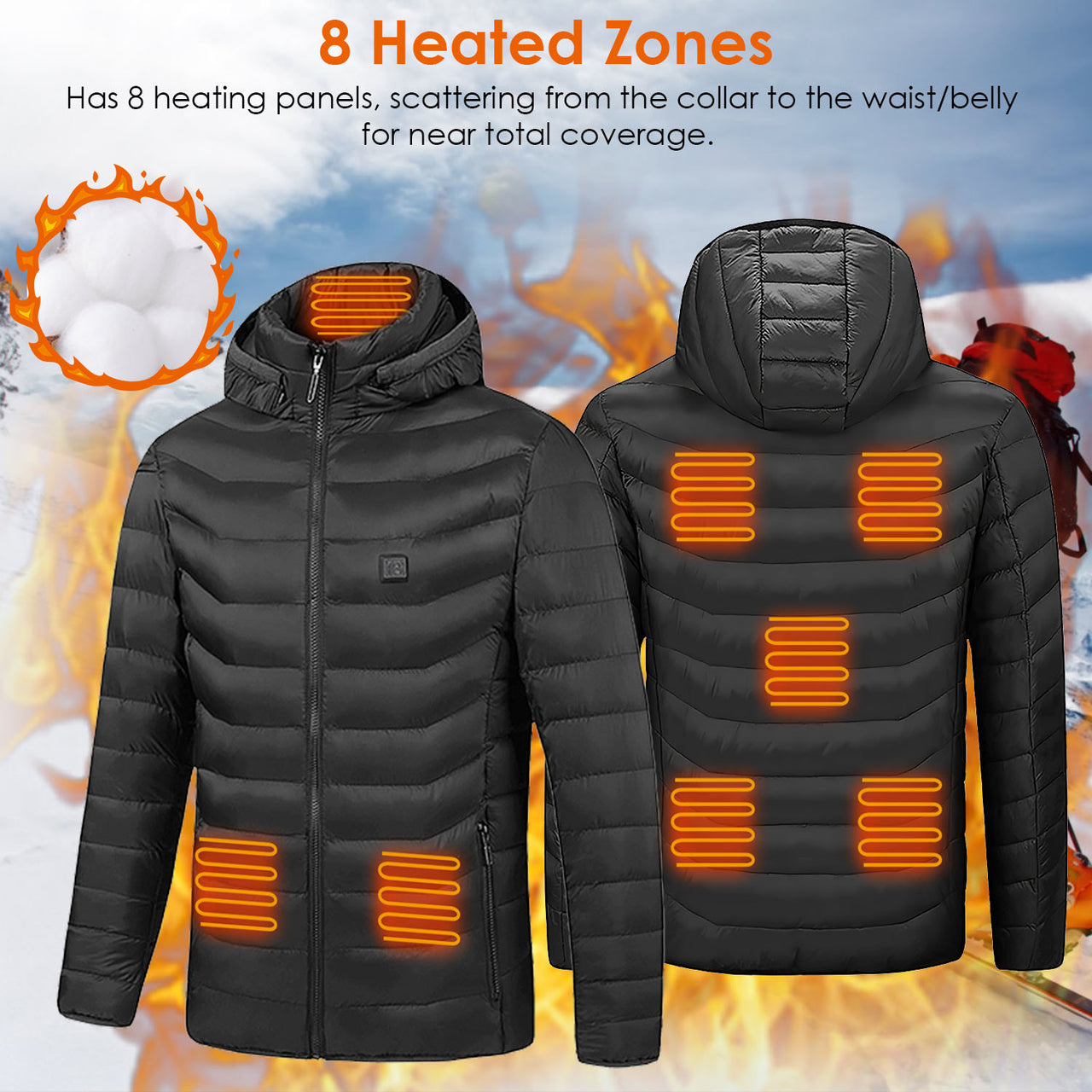 Heated Jacket -Lightweight Winter Hooded Jacket with 3-Level Heating Modes 8 Heating Zones Detachable Zipper Hood