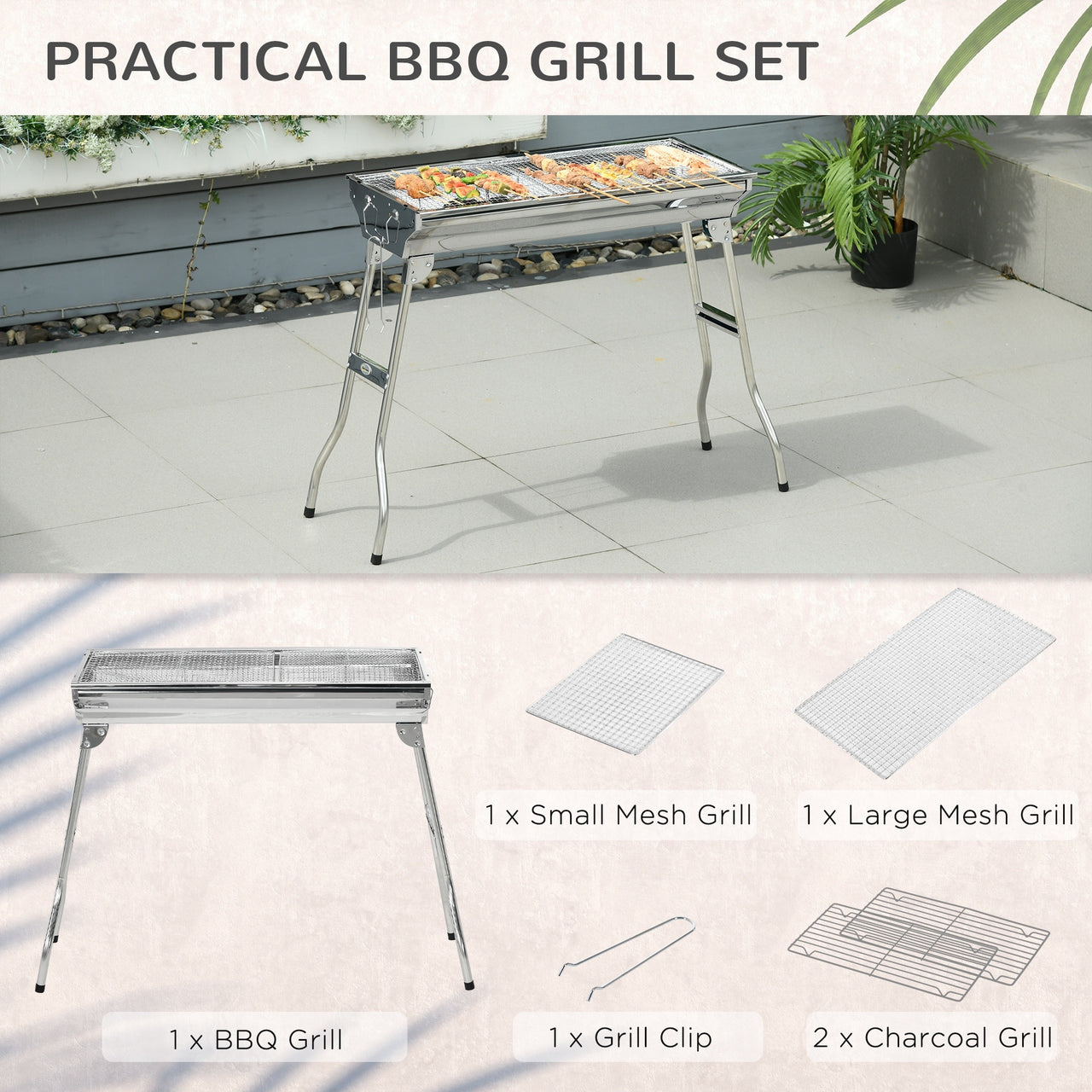 Portable Charcoal Grill, Stainless Steel Folding Outdoor BBQ Grill for Backyard Cooking, Camping, Picnic, Party, Tailgating and Travel with Pan, Grill Rack, Shelves, Hooks