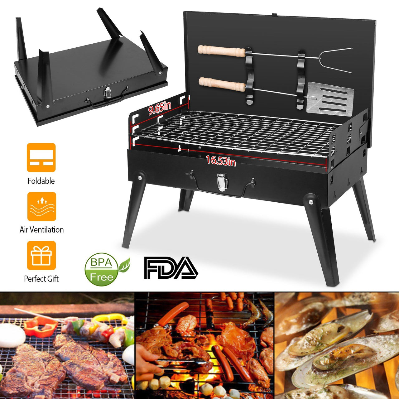 Portable Foldable Suitcase Charcoal Grill 16.7x10x17.7in