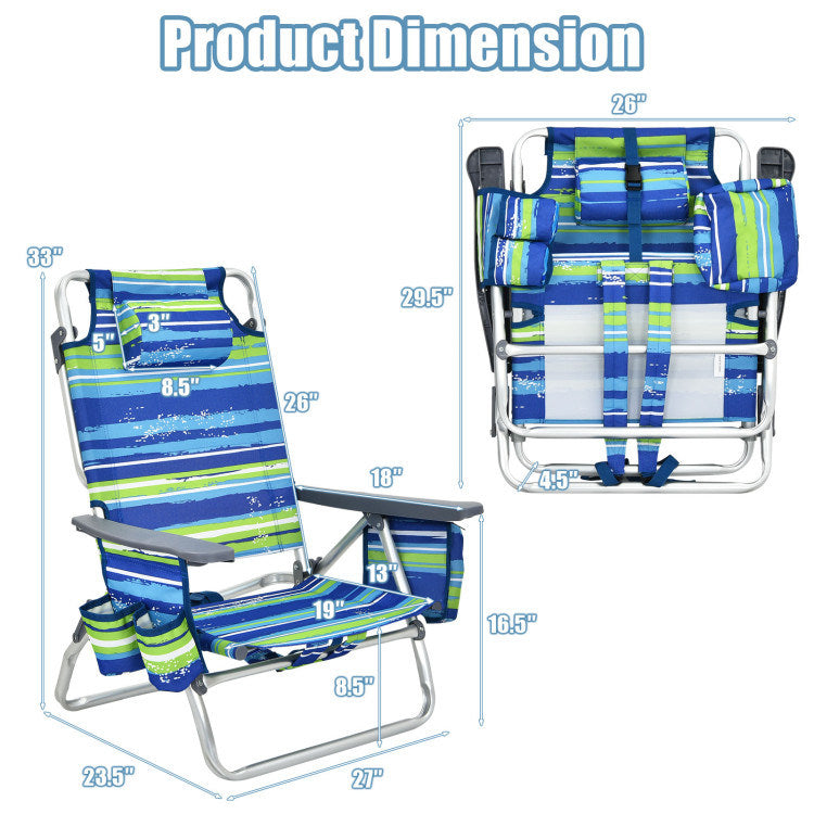 4-Pack, 5-Position Backpack Reclining Beach Chairs with Pillow