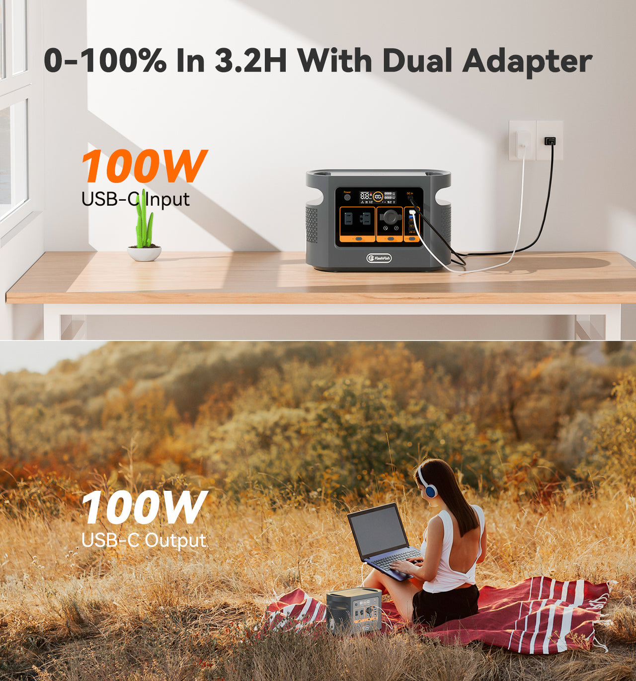 FLASHFISH Portable Power Station;  448Wh/140000mAh LiFePO4 Battery Pack;  UPS Solar Generator With 600W (Peak 1000W) AC Output;  100W USB-C