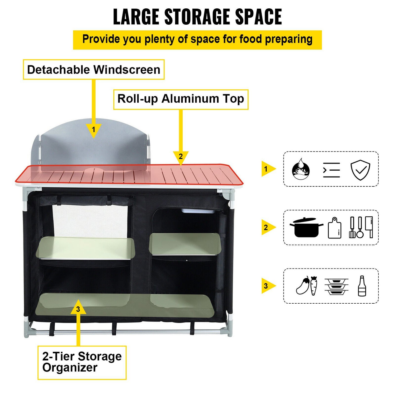 VEVOR Aluminum Portable Camping Kitchen Detachable Windscreen Storage Organizer & Carrying Bag