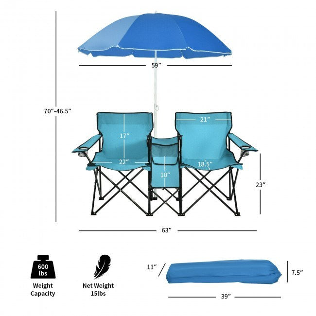 Portable Folding Picnic Double Chair With Umbrella