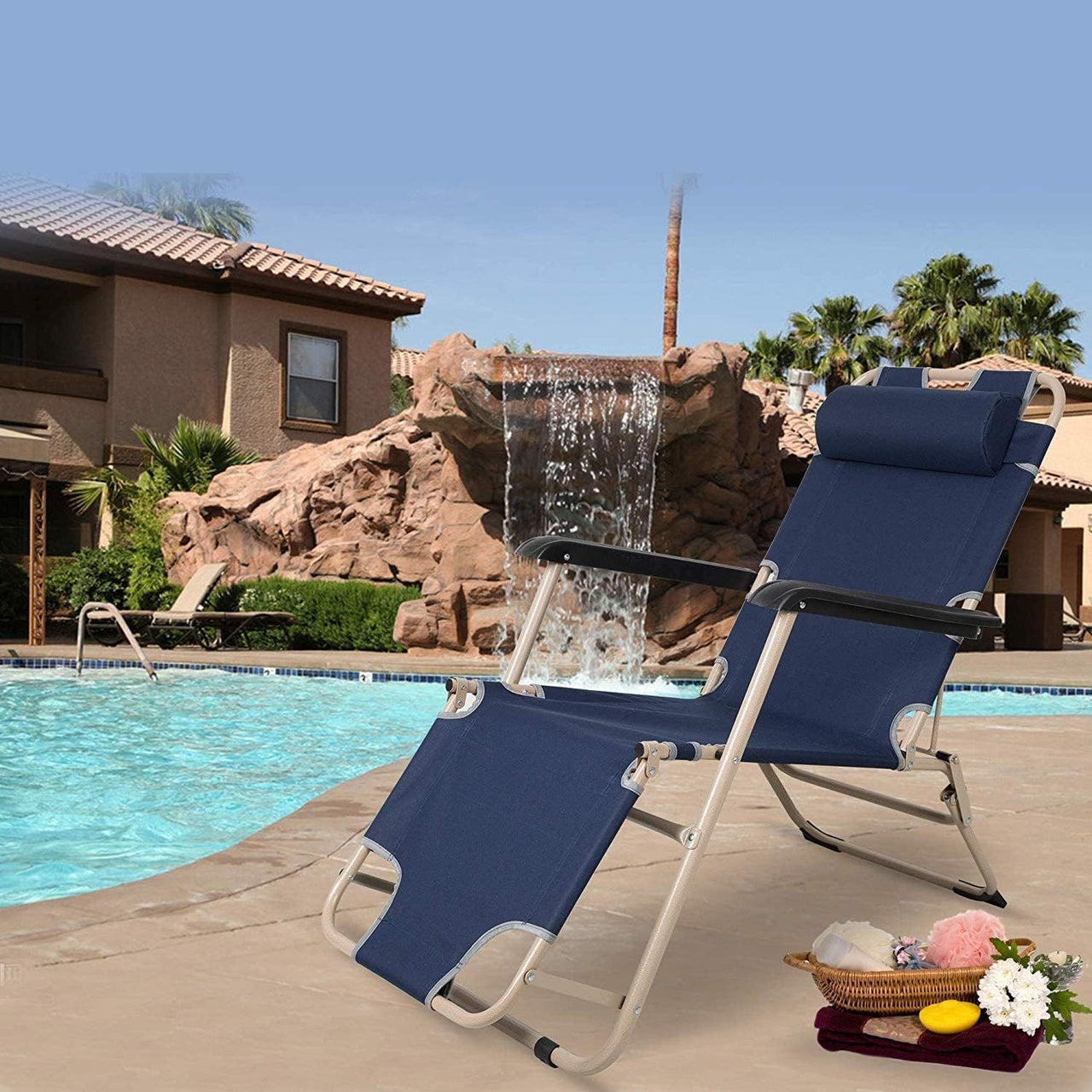 Set of 2 Portable Chaise Lounge Chair 60" Dark Blue/Blue