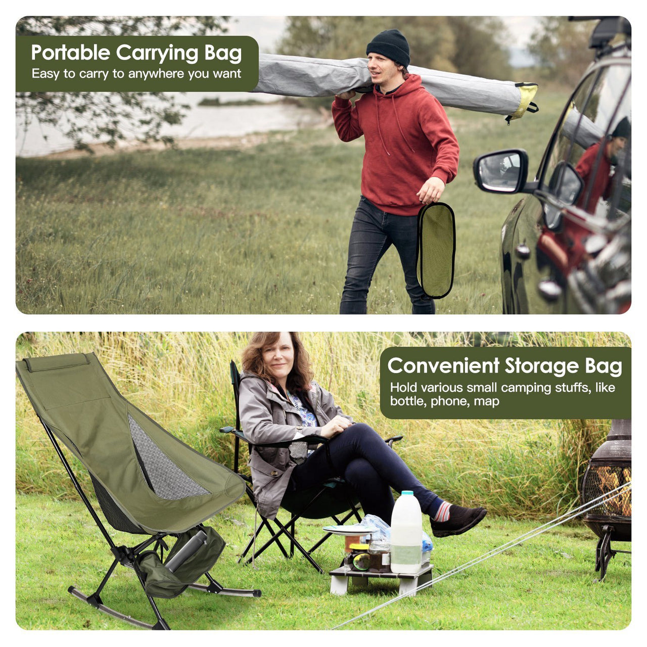 Portable Camping Rocking Chair with Carry Bag, High Back