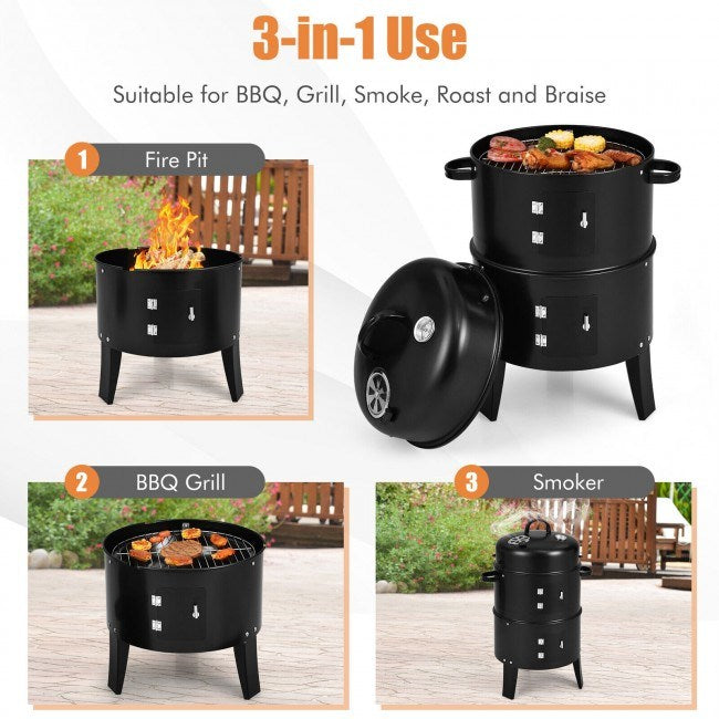 3-in-1 Charcoal BBQ Grill Combo with Built-in Thermometer