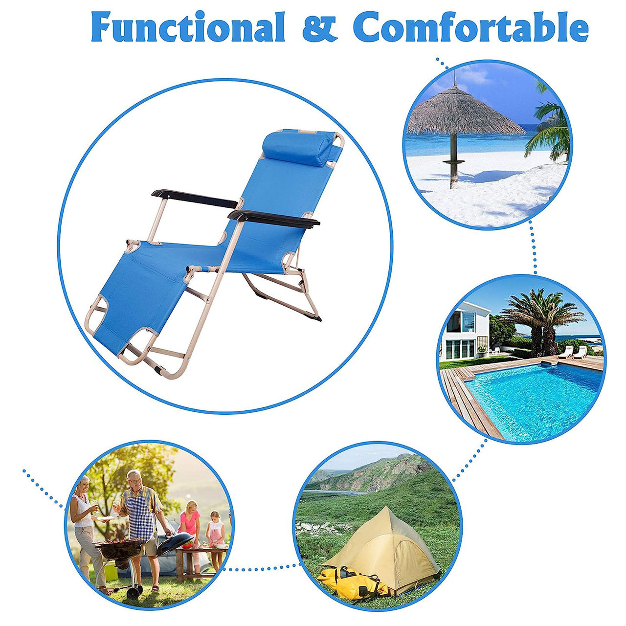 Set of 2 Portable Chaise Lounge Chair 60" Dark Blue/Blue