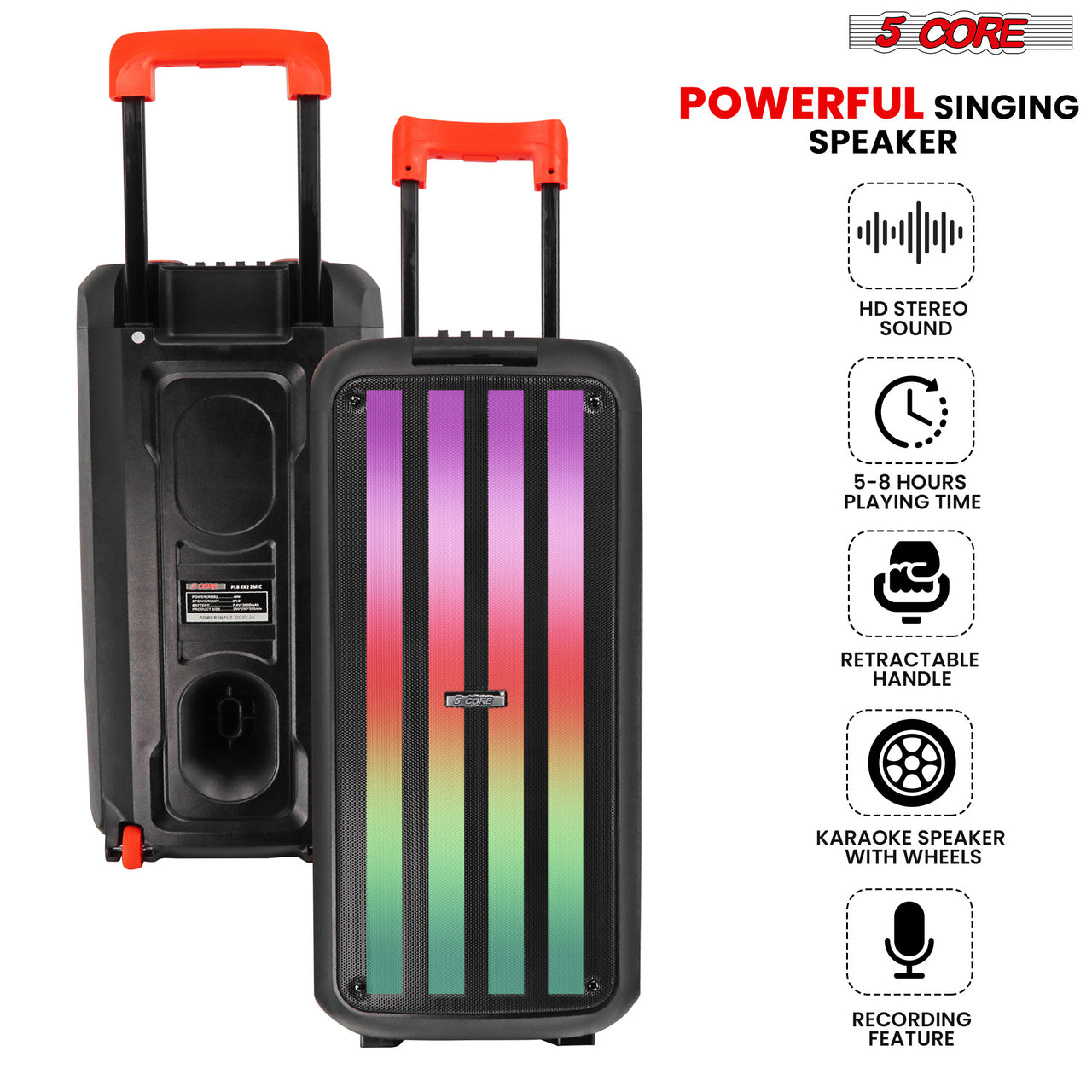 5 Core Bluetooth Speaker Karaoke Machine • 8" 3 Way Speaker • Portable Singing PA System • w DJ Light