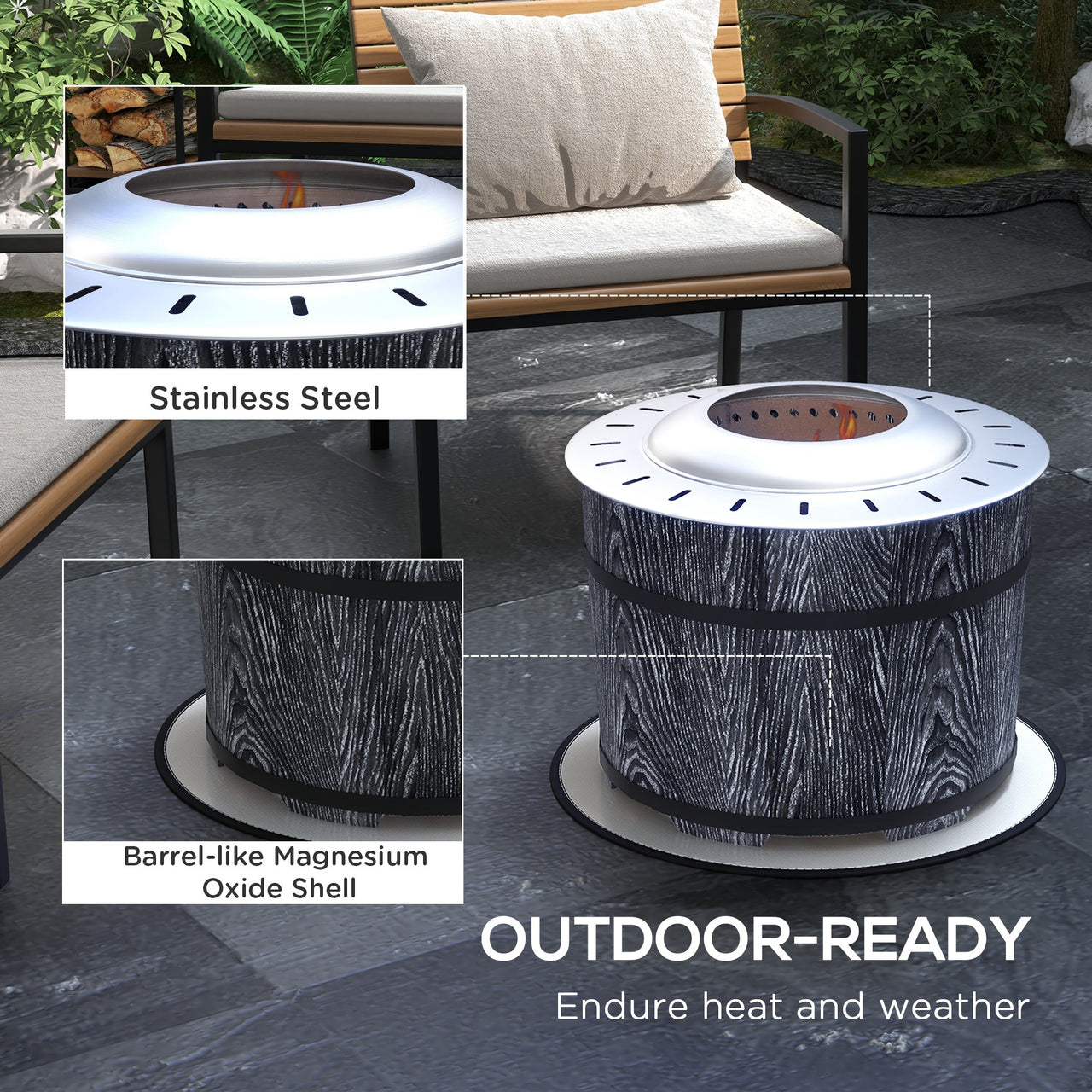 Outsunny Smokeless Fire Pit with Fireproof Mat, 20" Barrel Style Portable Wood Burning Firepit