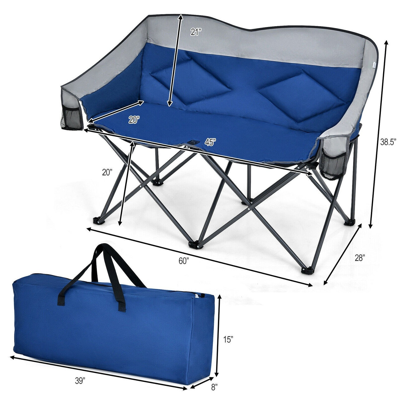 Folding Loveseat Camping Chair with Bags and Padded Backrest