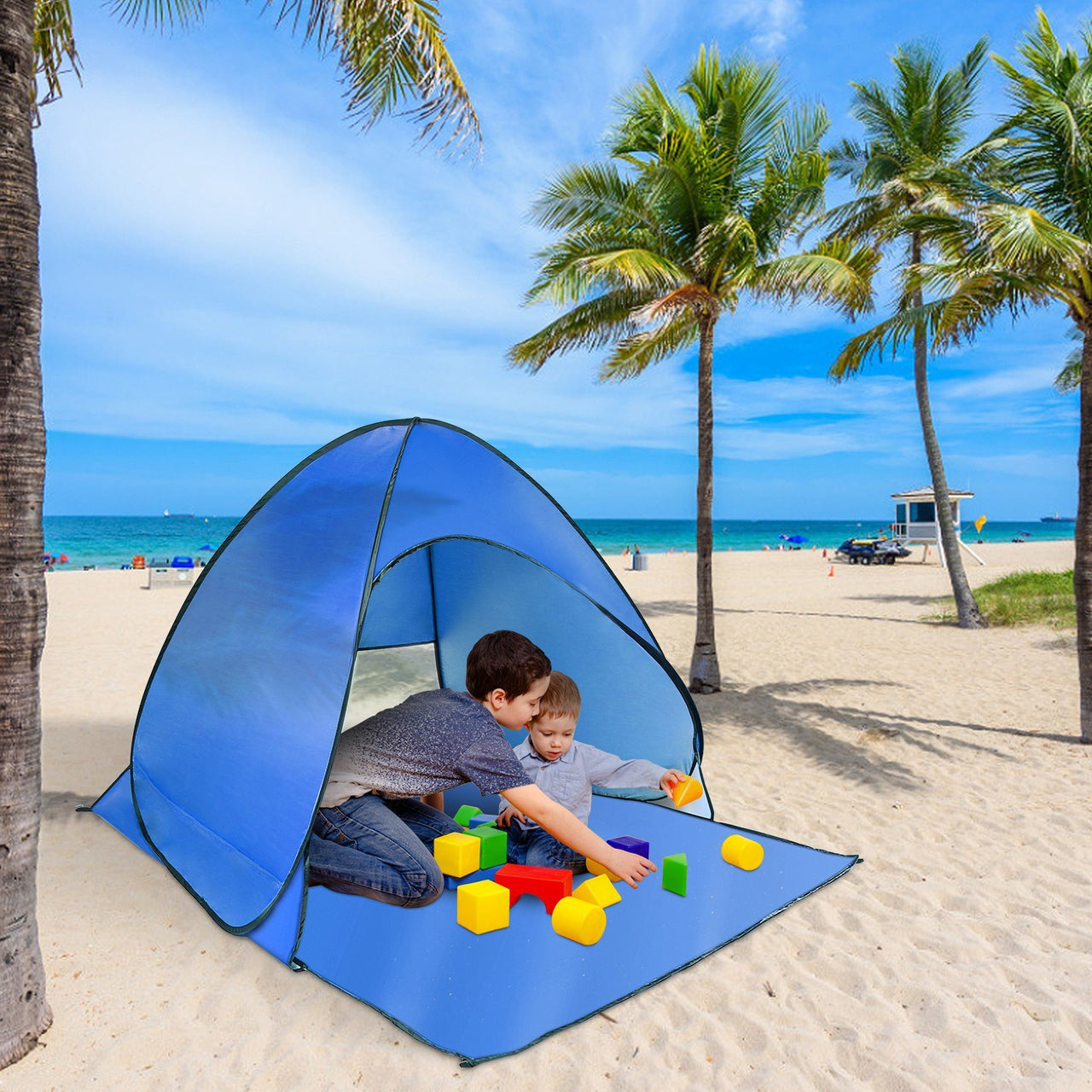 Pop Up Beach Tent Sun Shade Shelter Anti-UV Automatic Waterproof  w/ Net Window Storage Bag