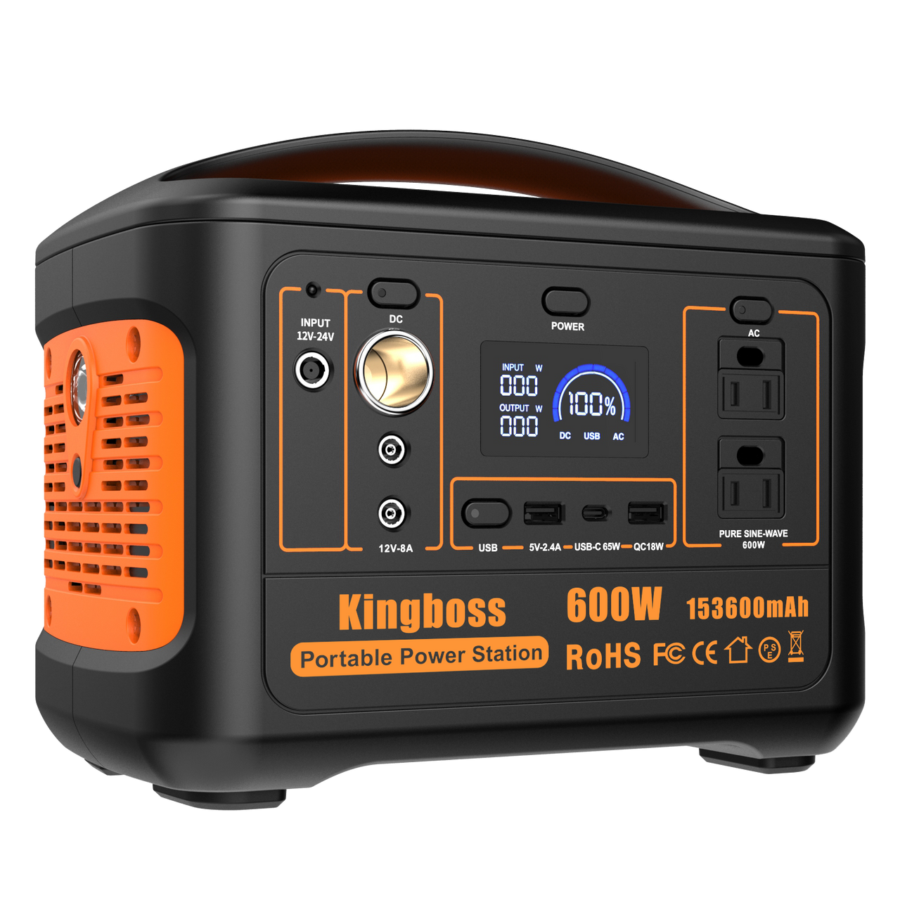 600W Portable Power Station (Peak 1200W) Kingboss;  153600mAh 568WH;  Lithium Battery 110V/600W;  AC Outlet;  2*DC Carport;  2*USB-C;  QC USB 3.0