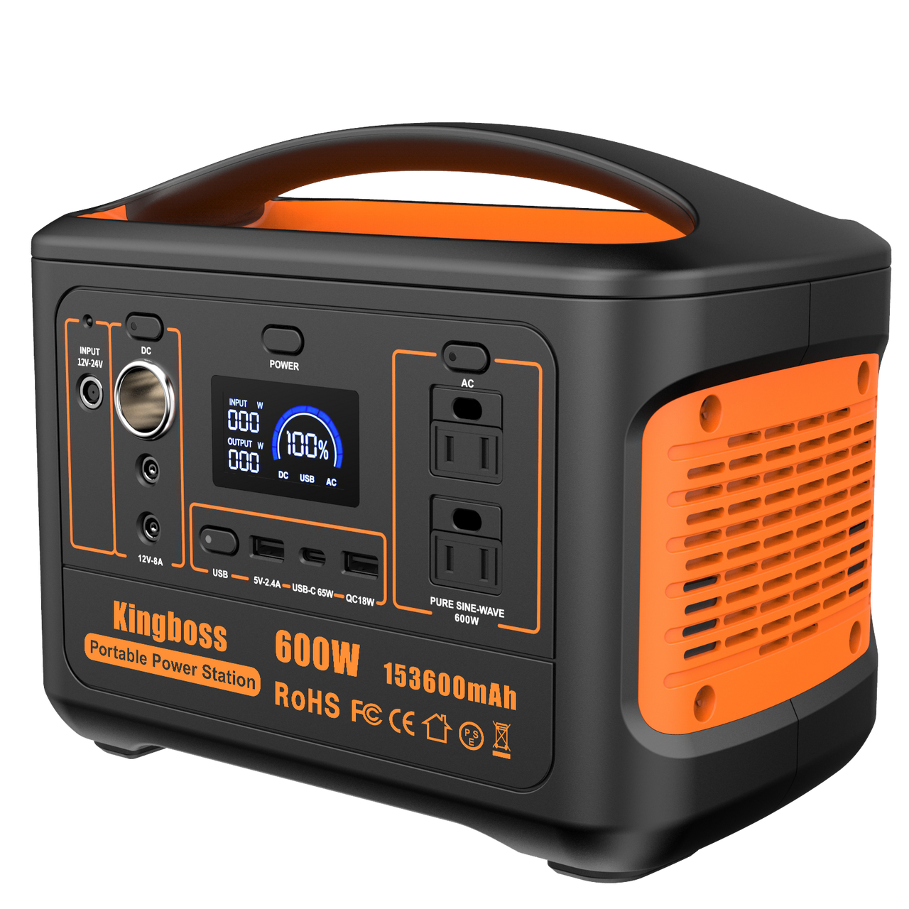 600W Portable Power Station (Peak 1200W) Kingboss;  153600mAh 568WH;  Lithium Battery 110V/600W;  AC Outlet;  2*DC Carport;  2*USB-C;  QC USB 3.0