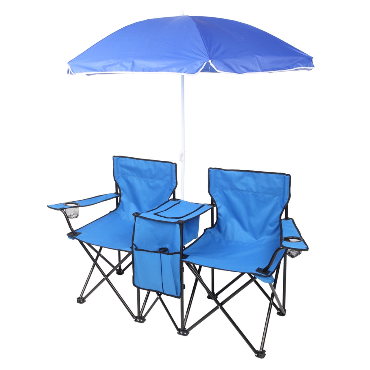 Double Folding Picnic Chairs w/Umbrella, Mini Table Beverage Holder, Carrying Bag