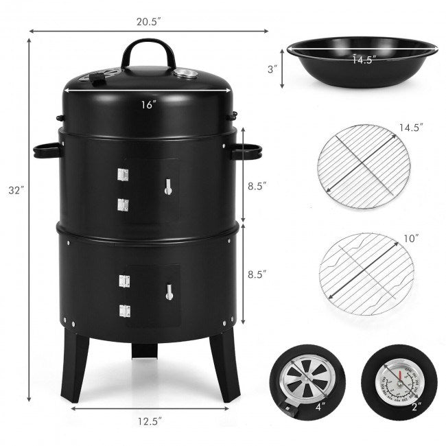 3-in-1 Charcoal BBQ Grill Combo with Built-in Thermometer