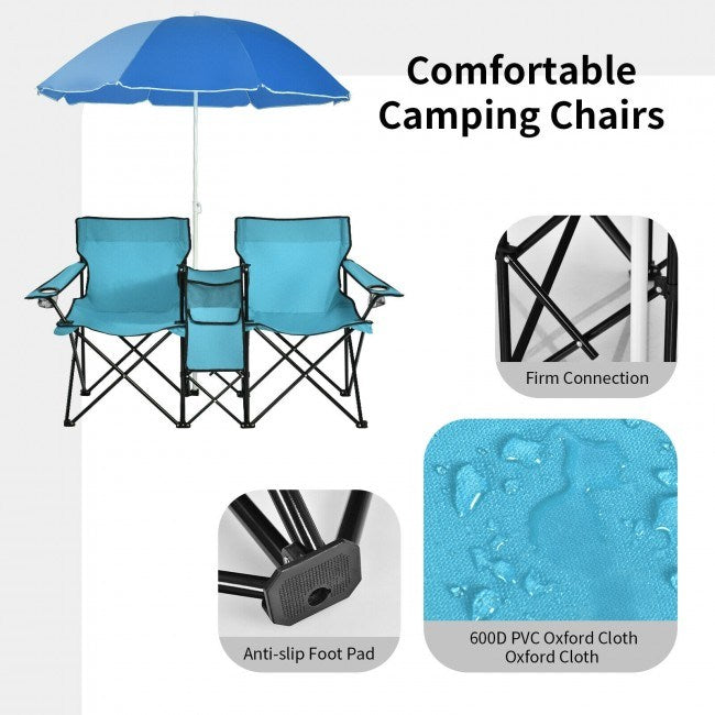 Portable Folding Picnic Double Chair With Umbrella