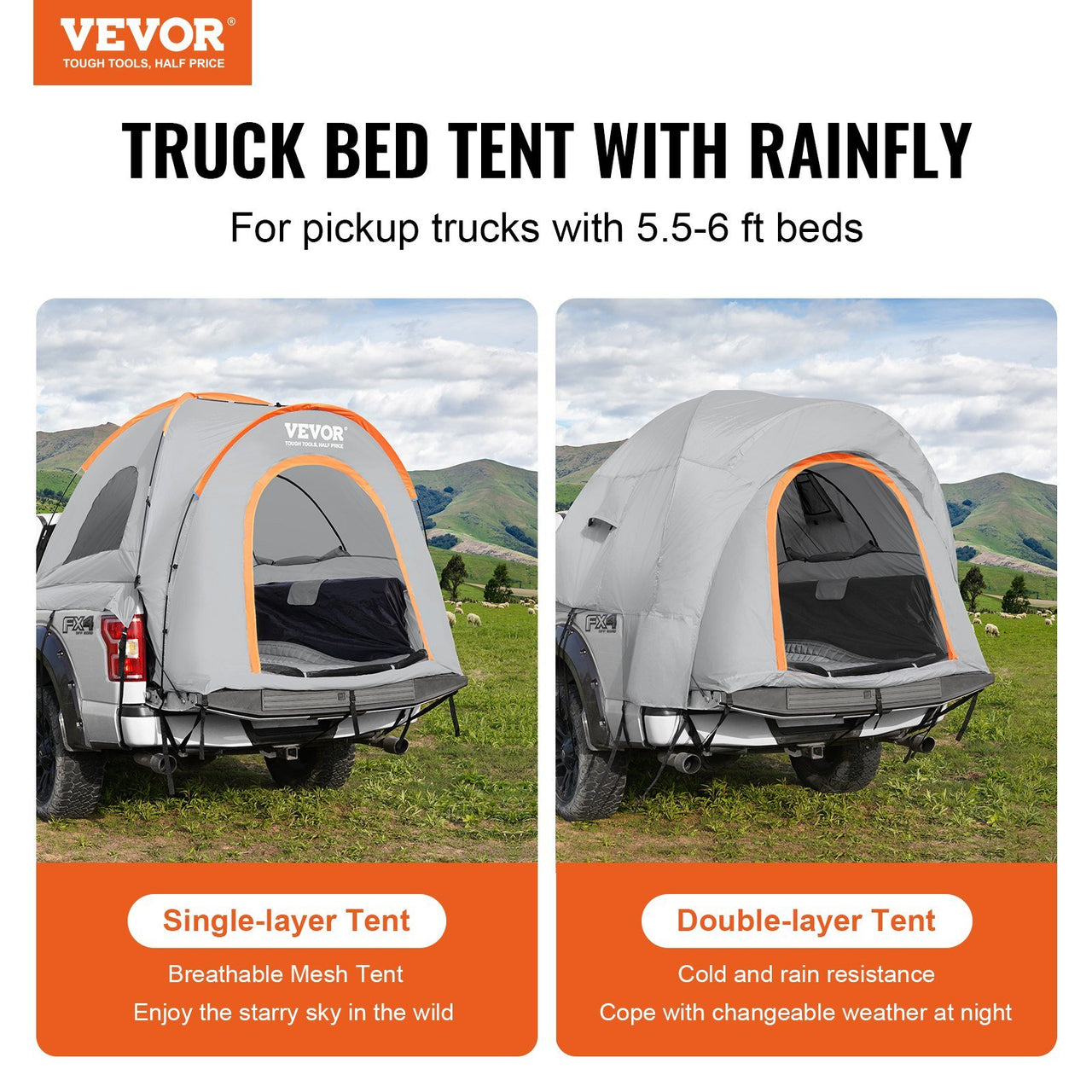 VEVOR Truck Bed Tent, 5.5'-6' Pickup Truck Tent with Rain Layer and Carry Bag