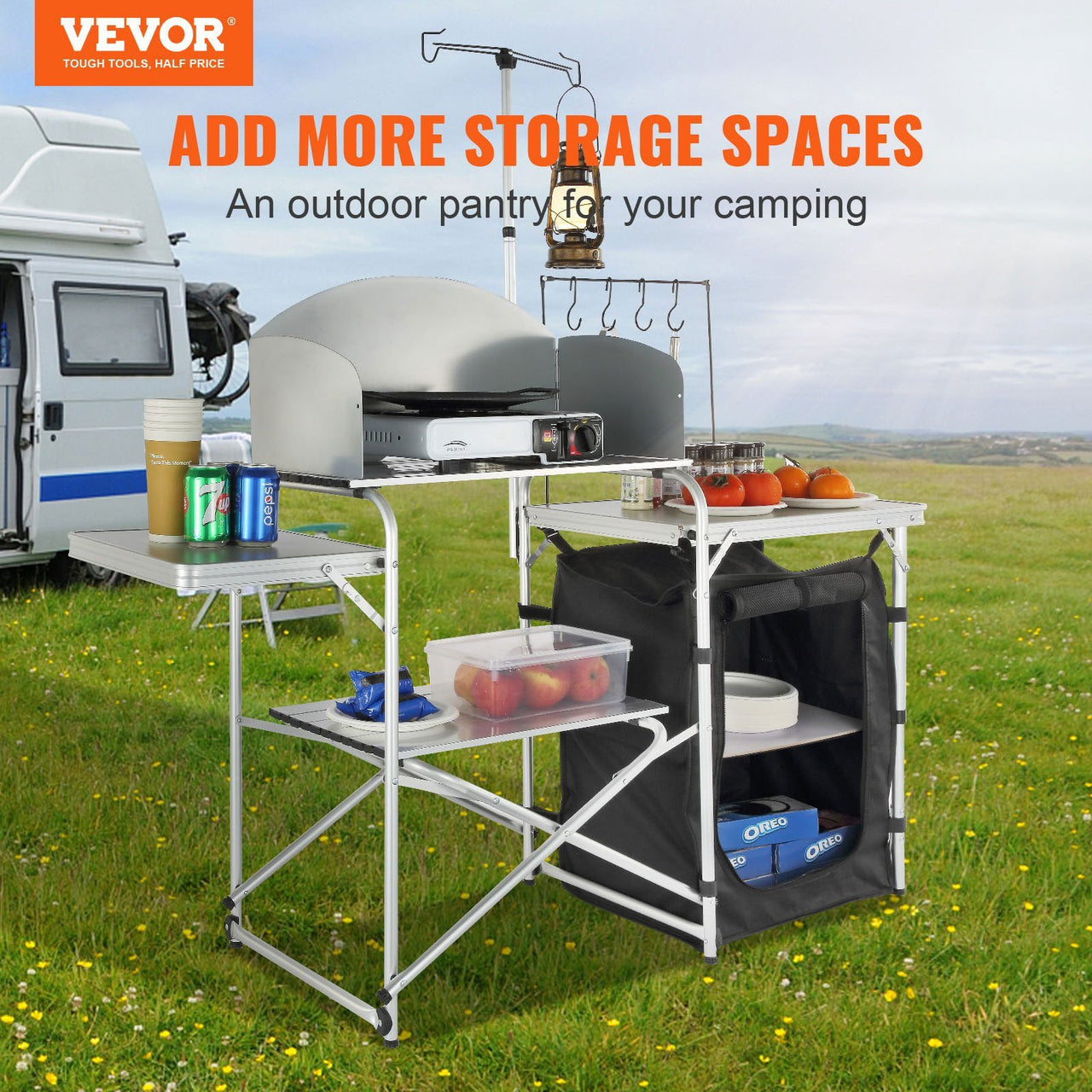 VEVOR Camping Kitchen Table with Storage Carrying Bag-Aluminum Cook Station-1 Cupboard, Detachable Windscreen