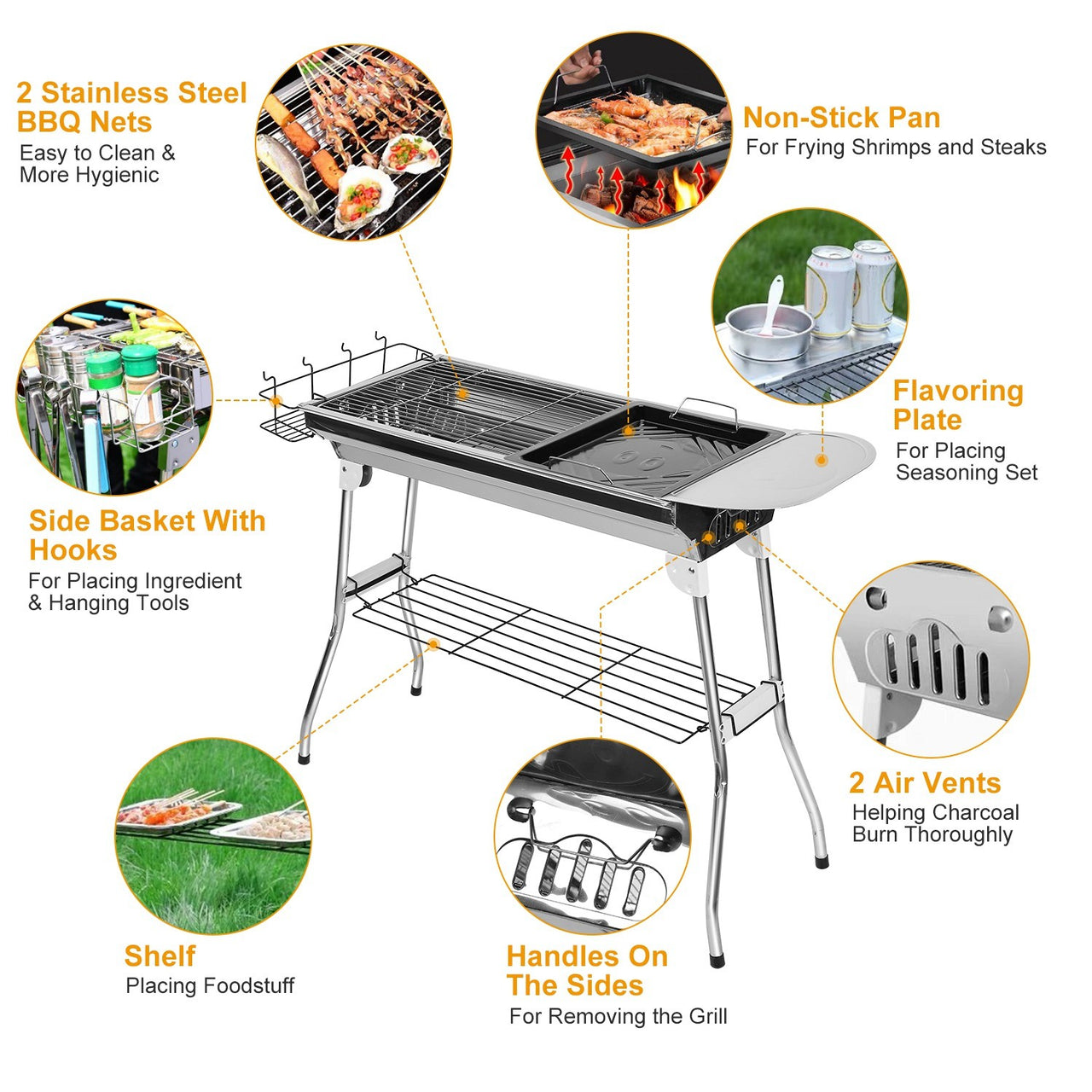 Foldable BBQ Grill Portable Charcoal Barbeque Grill Stainless Steel