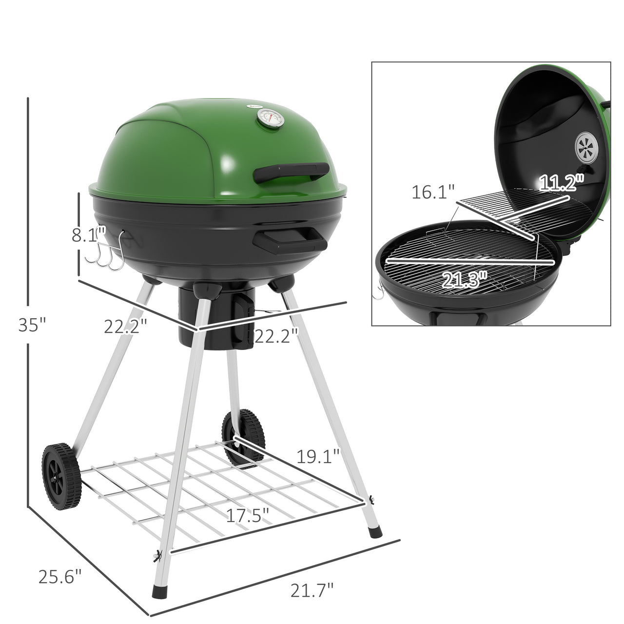 Outsunny 21" Kettle Charcoal BBQ Grill Trolley with 360 sq.in. Cooking Area