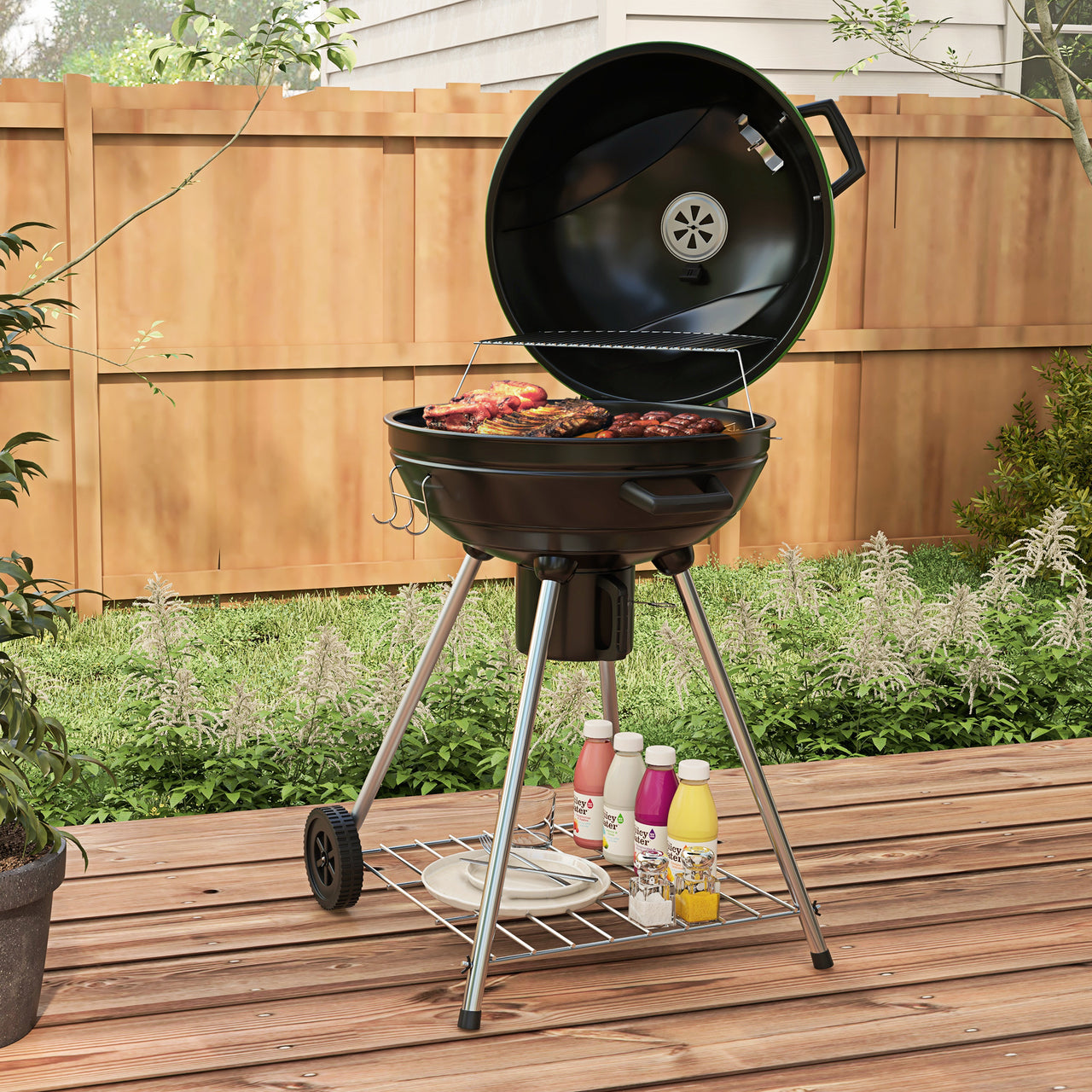 Outsunny 21" Kettle Charcoal BBQ Grill Trolley with 360 sq.in. Cooking Area