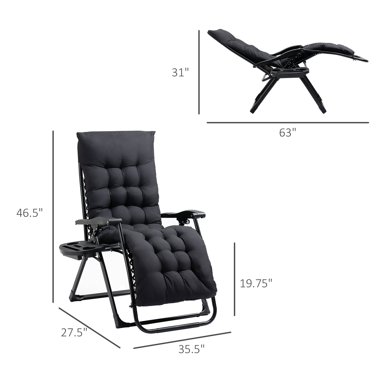 Outsunny Zero Gravity Chair, Folding Reclining Lounge Chair with Padded Cushion, Side Tray, Supports over 300 lbs., Black