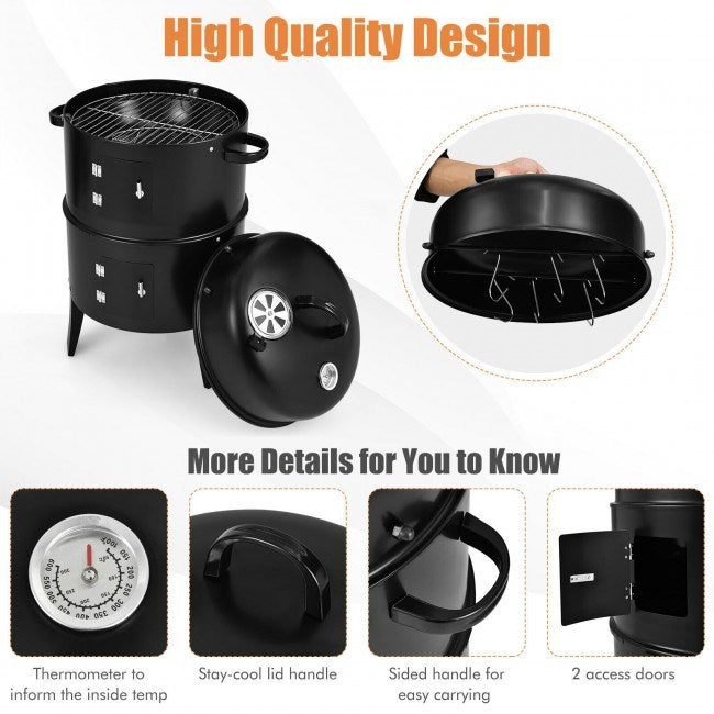 3-in-1 Charcoal BBQ Grill Combo with Built-in Thermometer