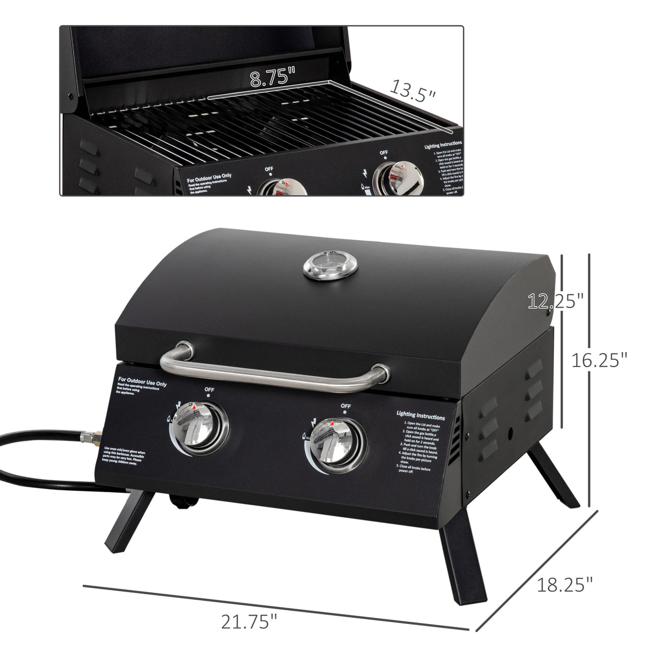 Outsunny 2 Burner Propane Gas Grill , Portable Tabletop BBQ with Foldable Legs, Lid, Thermometer