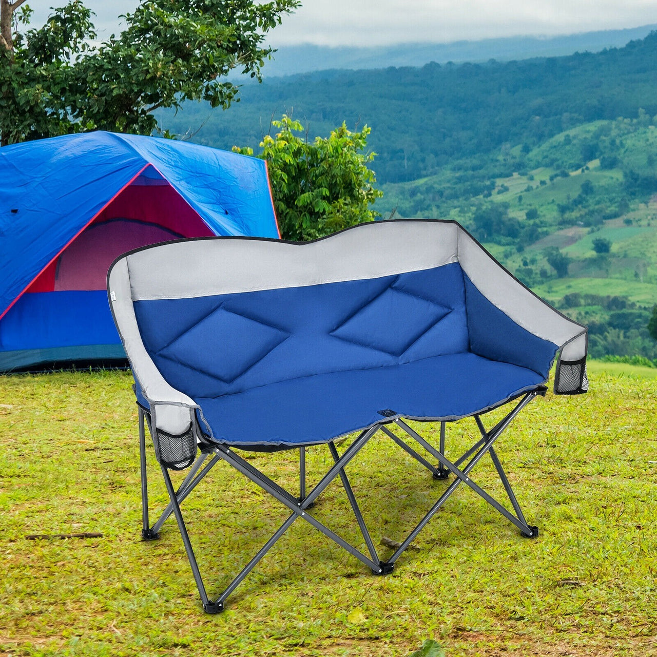 Folding Loveseat Camping Chair with Bags and Padded Backrest