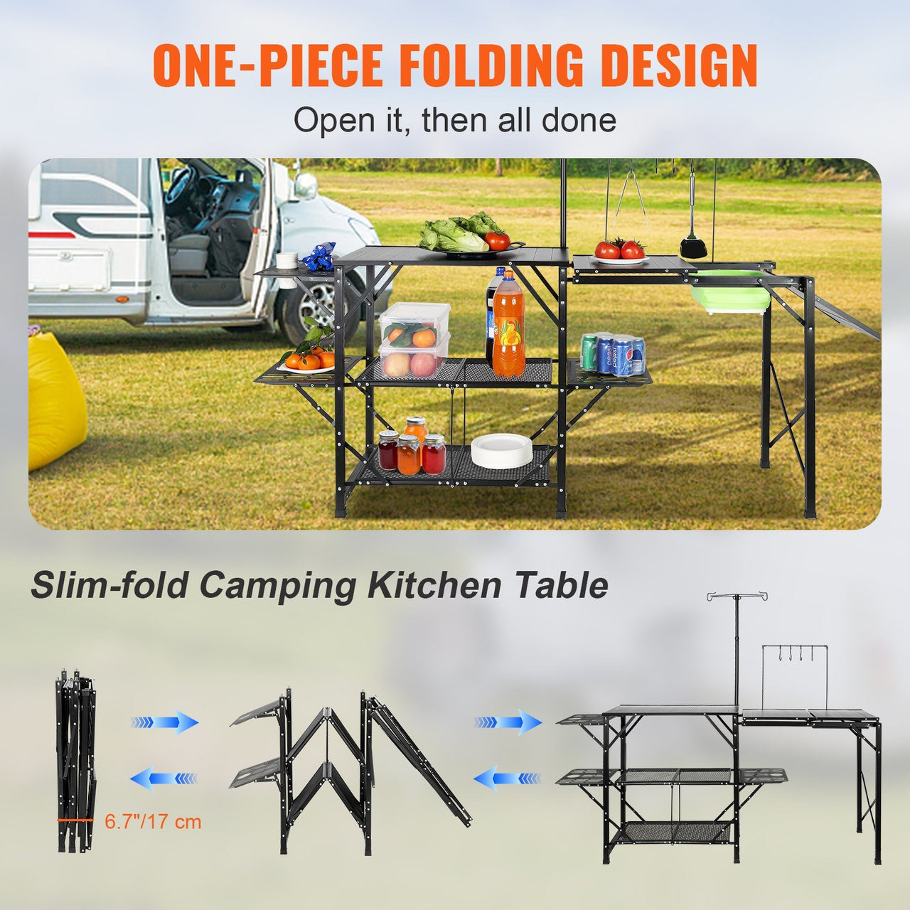 VEVOR Camping Kitchen Table, One-piece Folding Portable Cook Station w/ Carrying Bag, 3 Side Tables, 2 Shelves & A Detachable Sink