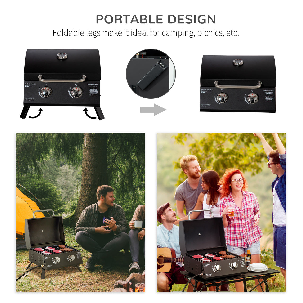 Outsunny 2 Burner Propane Gas Grill , Portable Tabletop BBQ with Foldable Legs, Lid, Thermometer